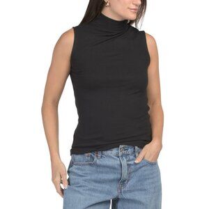 THREE DOTS Black Beauty Mock Neck Ribbed Tank Top